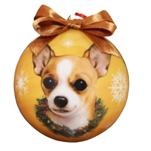 Tan Chihuahua dog portrait on a round Christmas ornament with gold bow and festive wreath design