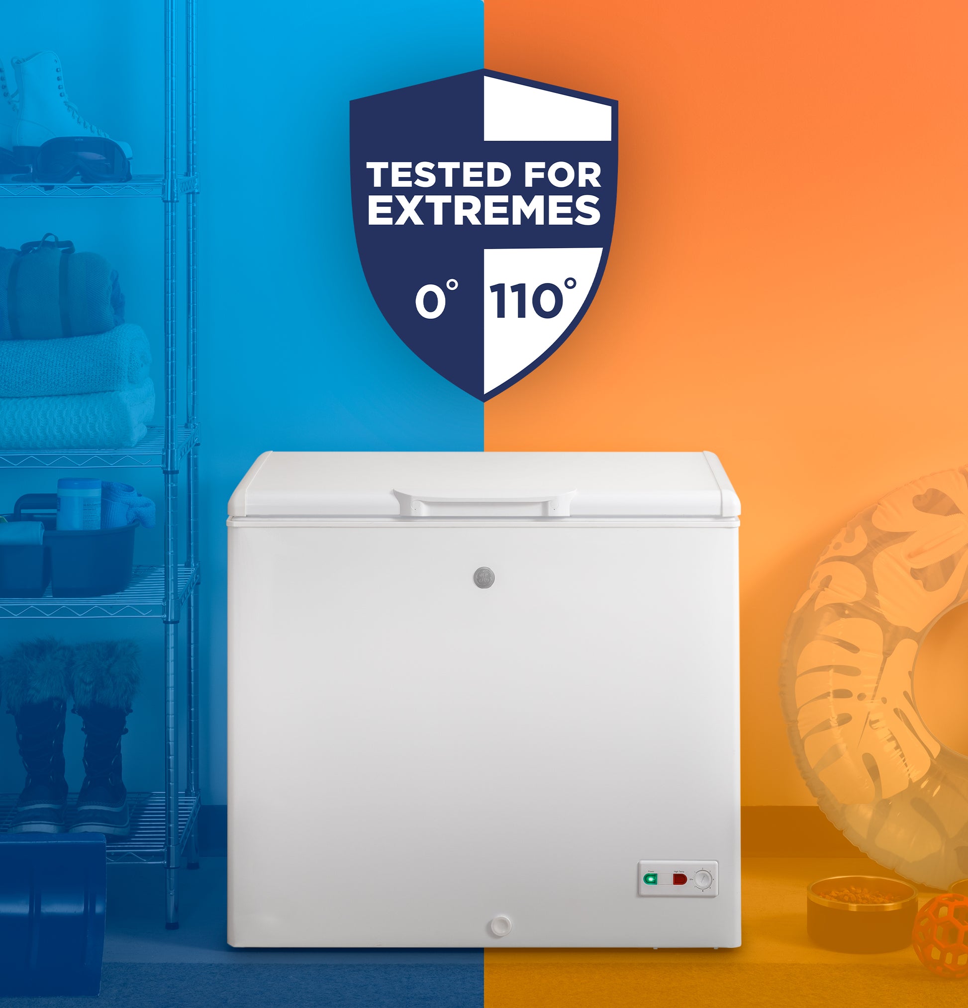White manual defrost chest freezer shown with temperature range badge and storage items in contrasting blue and orange background