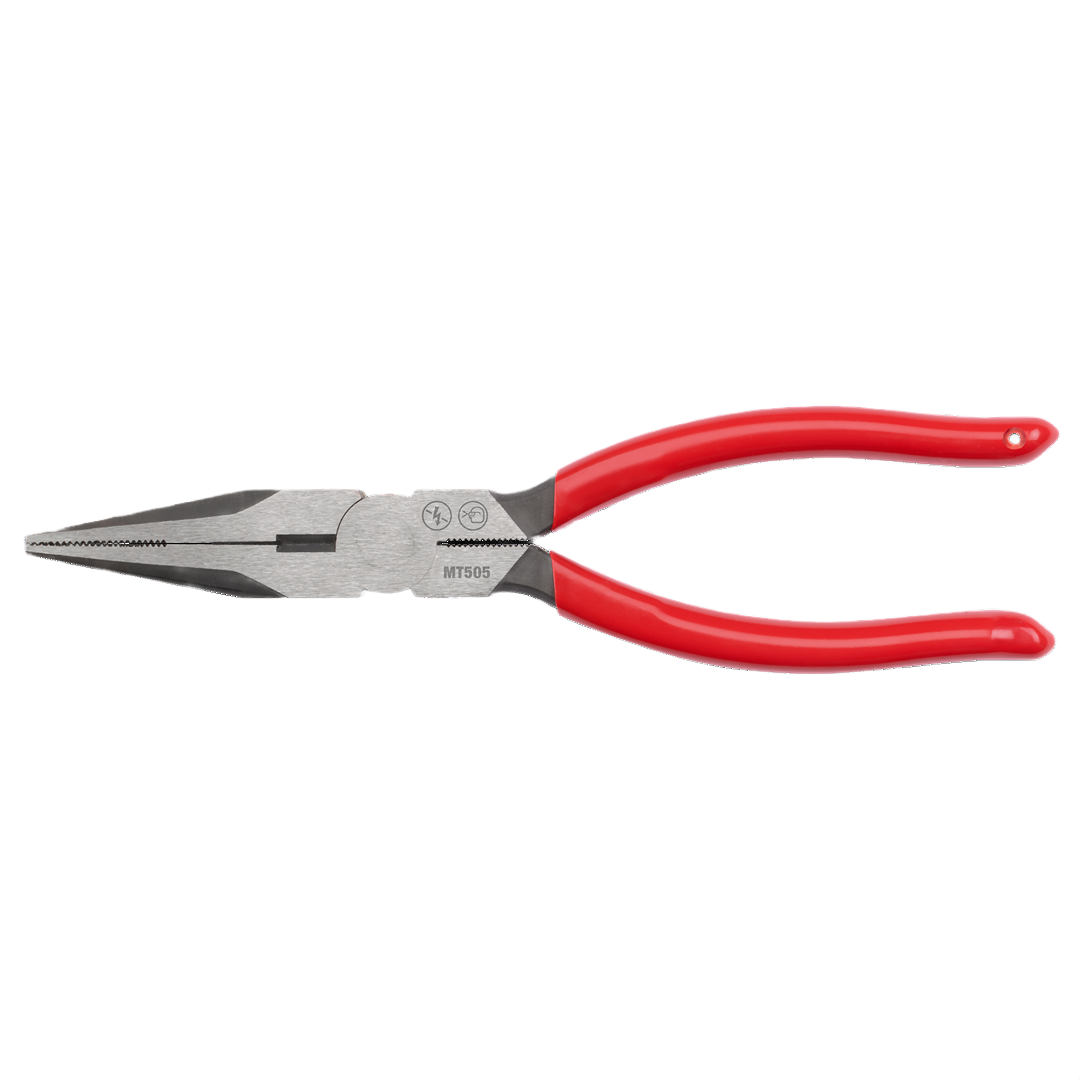 8-inch steel long nose pliers with red dipped handles for precise gripping in tools and home improvement tasks