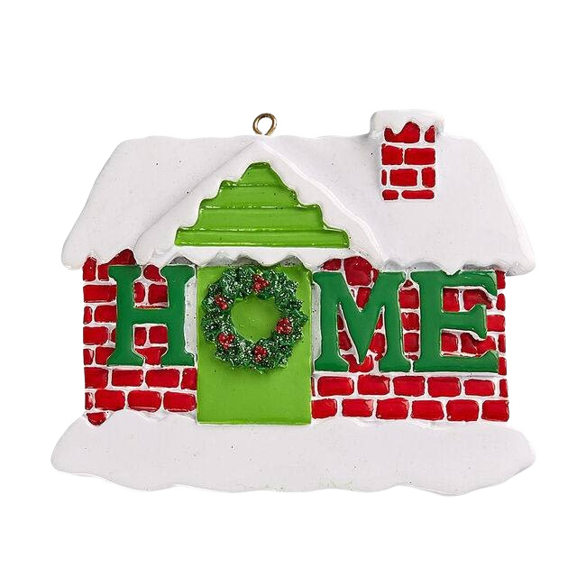 Red brick house ornament with snowy roof and green wreath spelling HOME for Christmas tree decorations under $50 collection