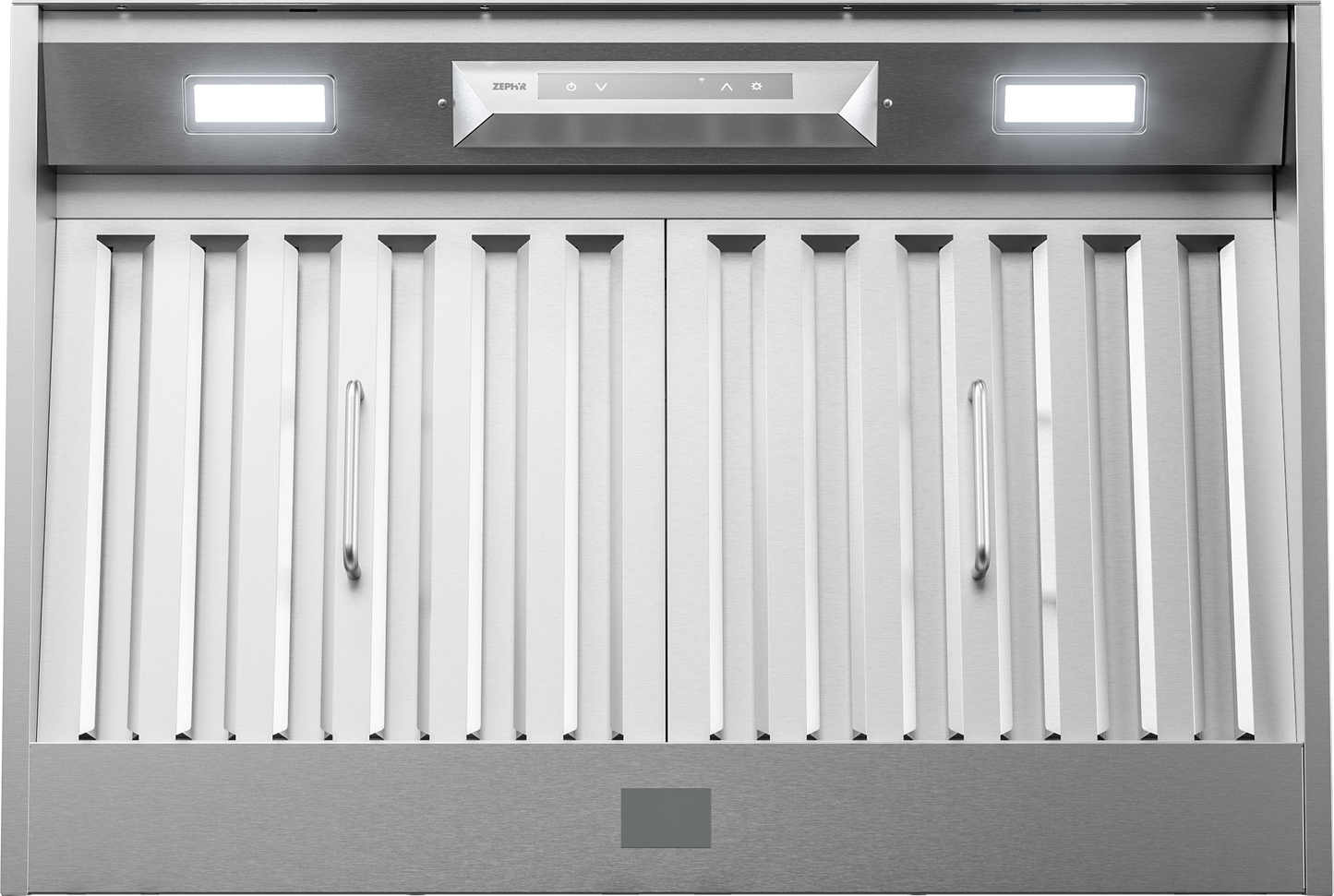 Stainless steel insert range hood with LED lights and stainless steel baffle filters in kitchen appliances collection