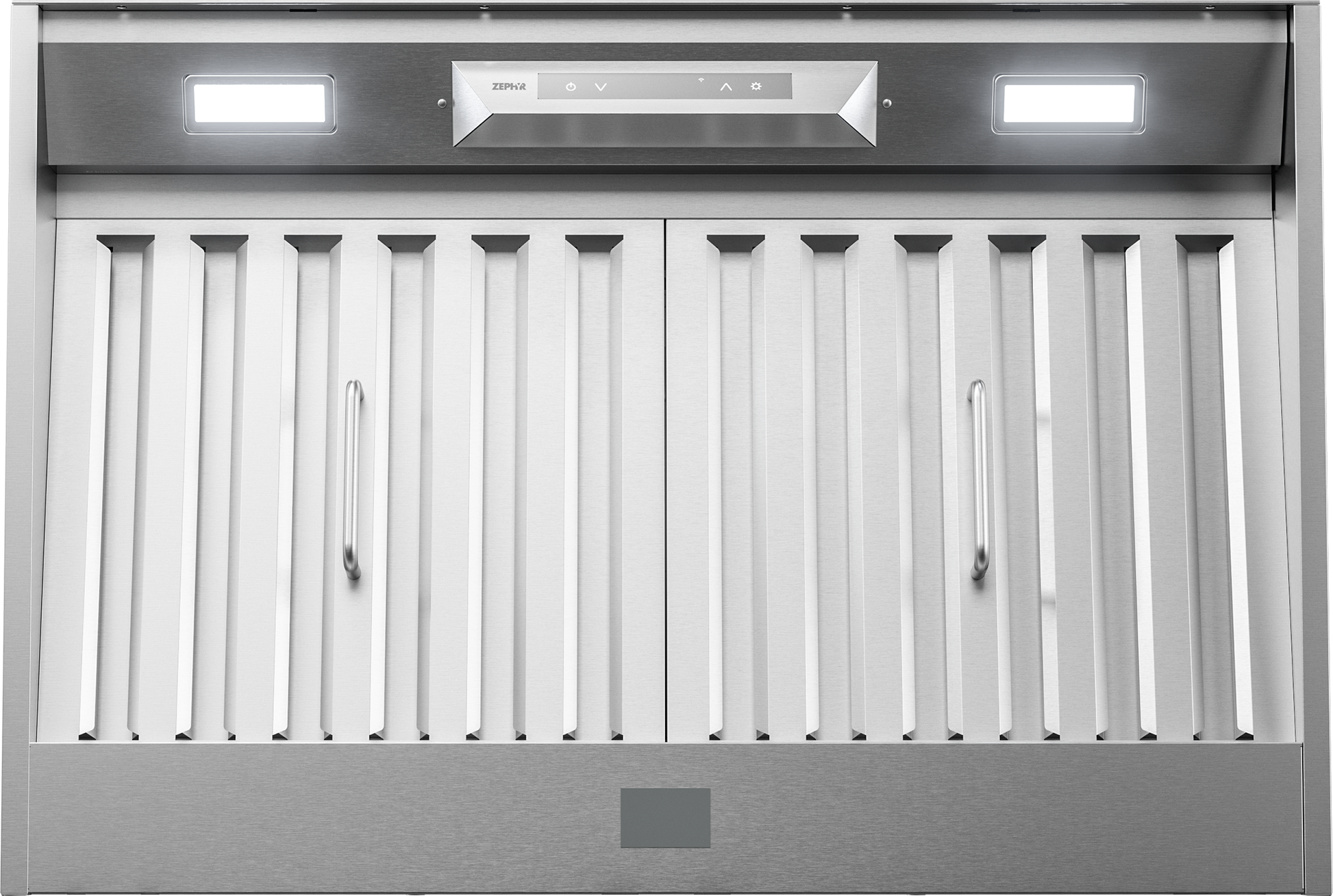 Stainless steel insert range hood with LED lights and stainless steel baffle filters in kitchen appliances collection