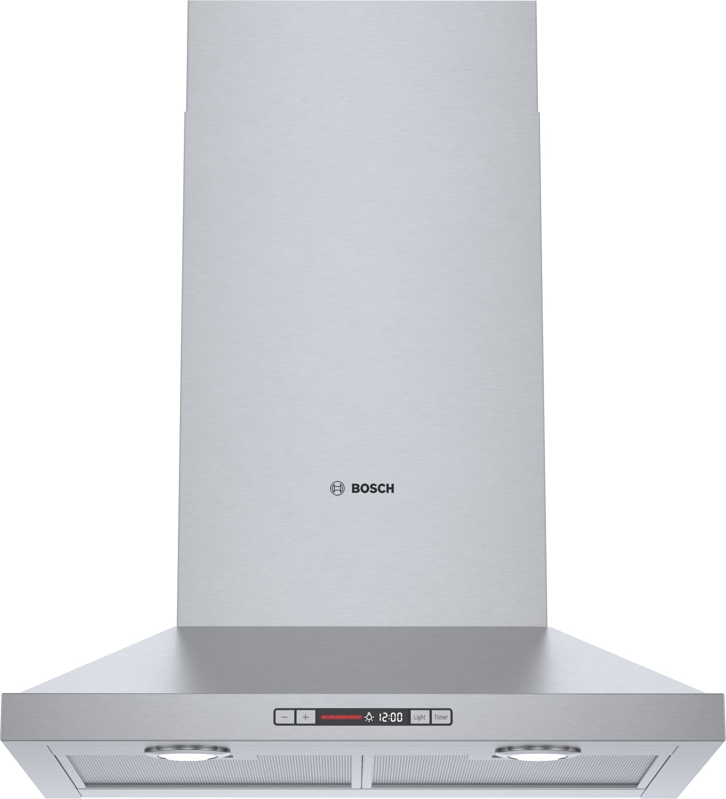 stainless steel 300 series wall hood with pyramid chimney, LED lights, and digital control in Bosch range hoods collection