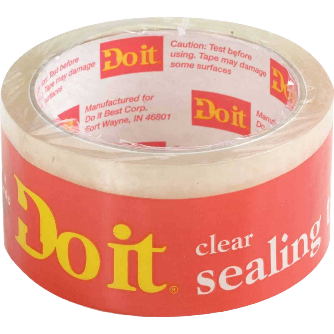 Clear sealing tape roll with red and yellow branded label for packing, office, and mailing supplies in home improvement tools collection