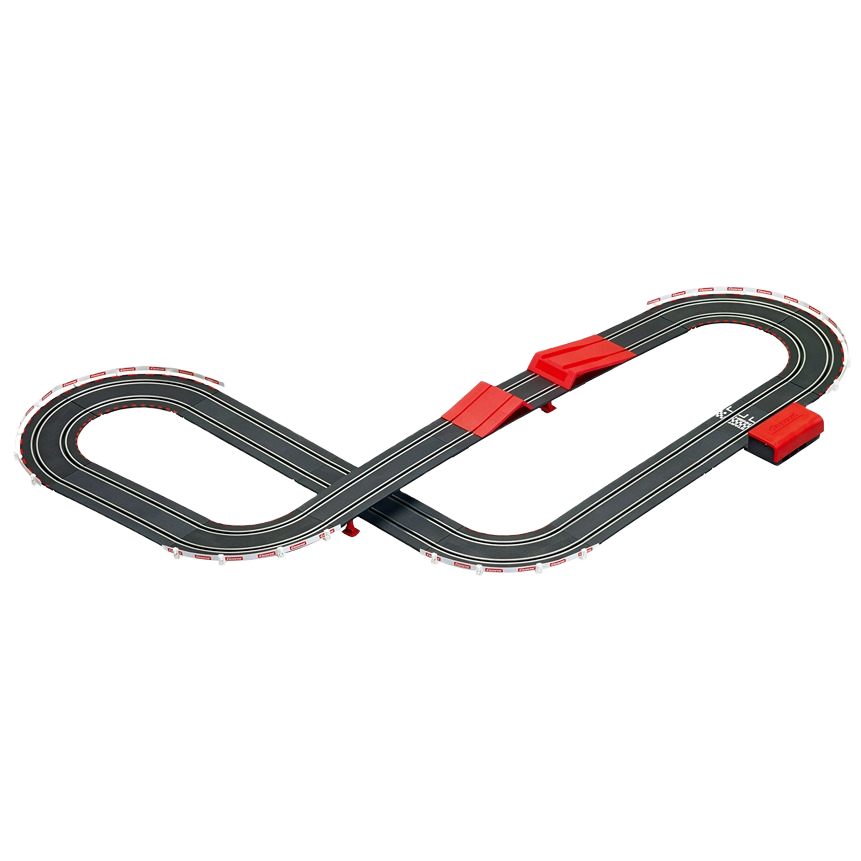Slot car racetrack layout with black lanes and red bridge and ramp elements for racing fun