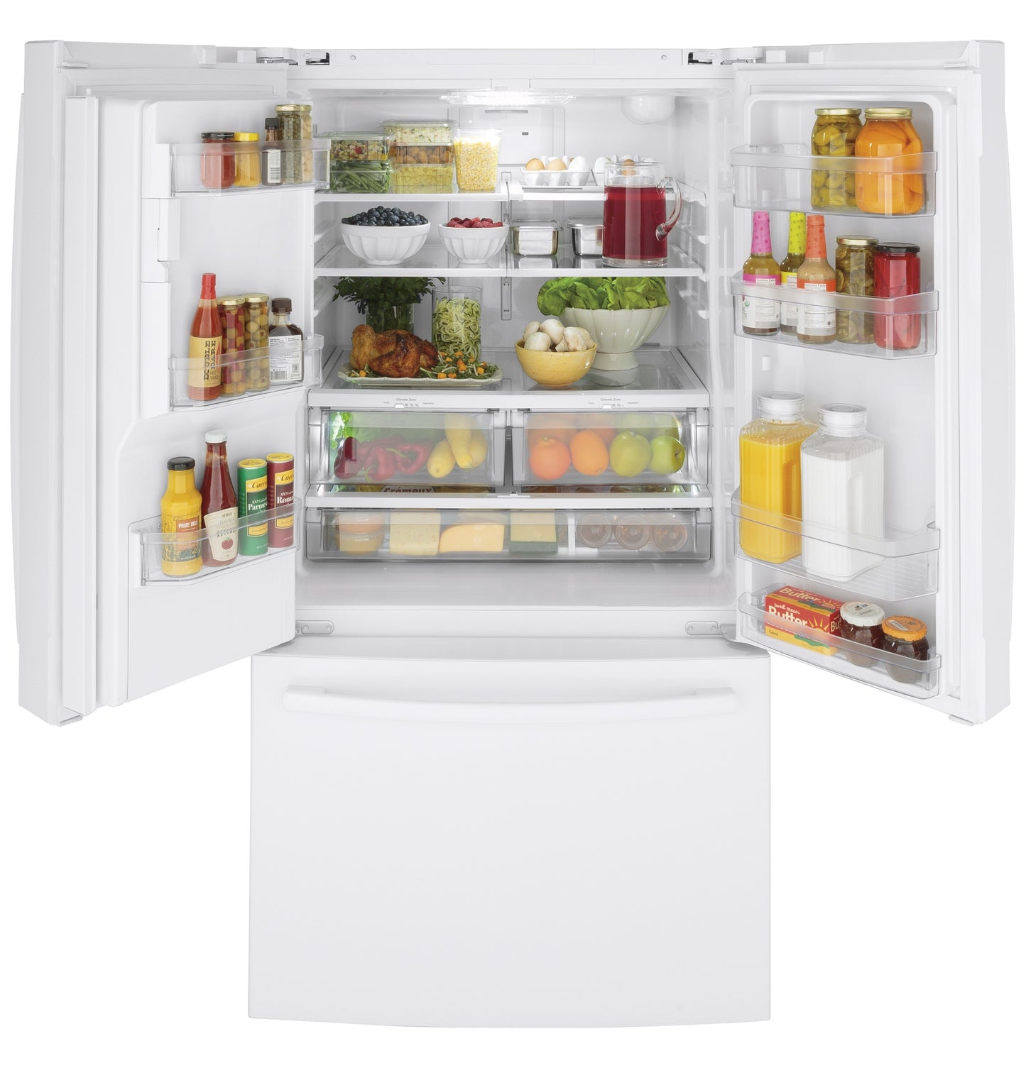 Open white French-door refrigerator with organized fresh food and beverages in kitchen appliances collection