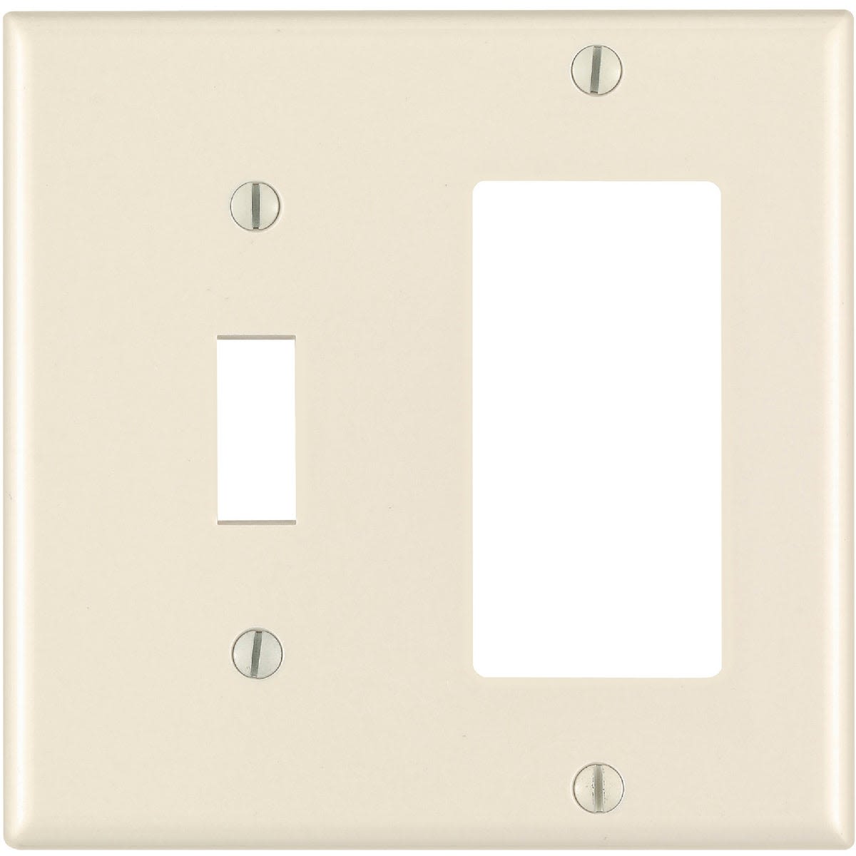 Light almond thermoset 2-gang wall plate with openings for toggle and rocker switches in electrical home improvement tools.