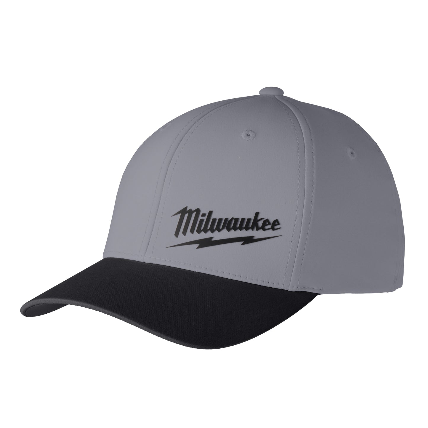 Dark gray and black fitted hat with Milwaukee logo, lightweight breathable design in clothing and apparel collection