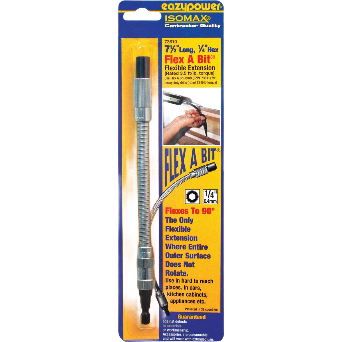 Flexible 7-1/2 inch bit extension with 1/4 inch hex shank for woodworking and power tool accessories collections