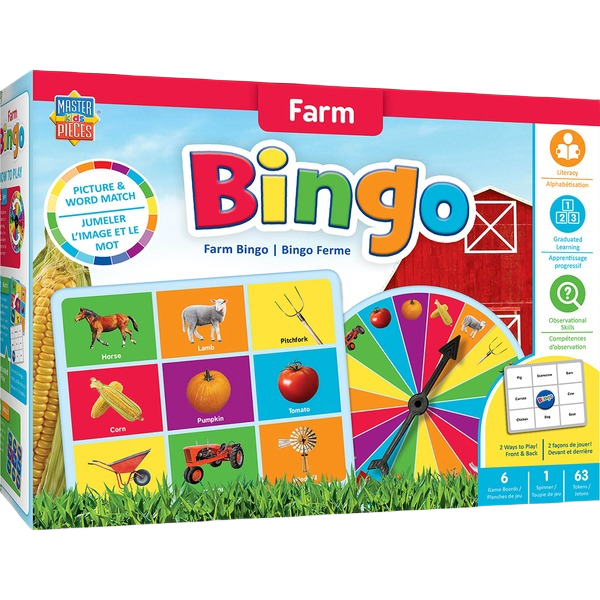 Boxed educational farm-themed bingo game with colorful picture cards, spinner, and farm animal and object illustrations