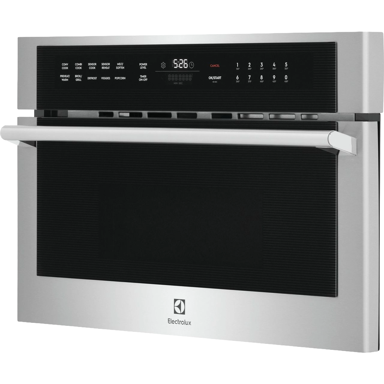 Built-in microwave with stainless steel finish, glass touch controls, and drop-down door in modern kitchen appliance setting