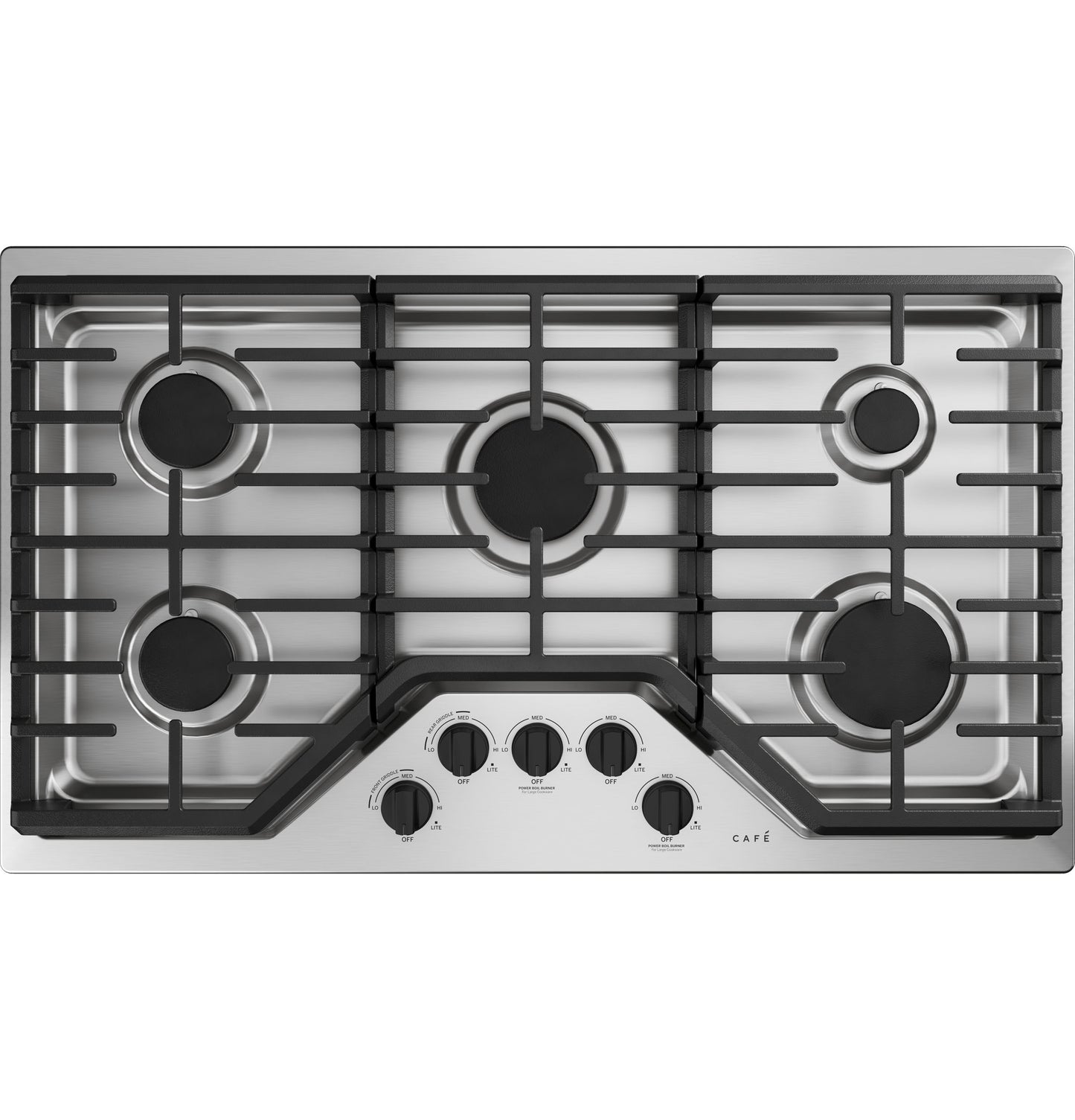 Stainless steel 36-inch gas cooktop with five burners and black control knobs for kitchen and home improvement tools