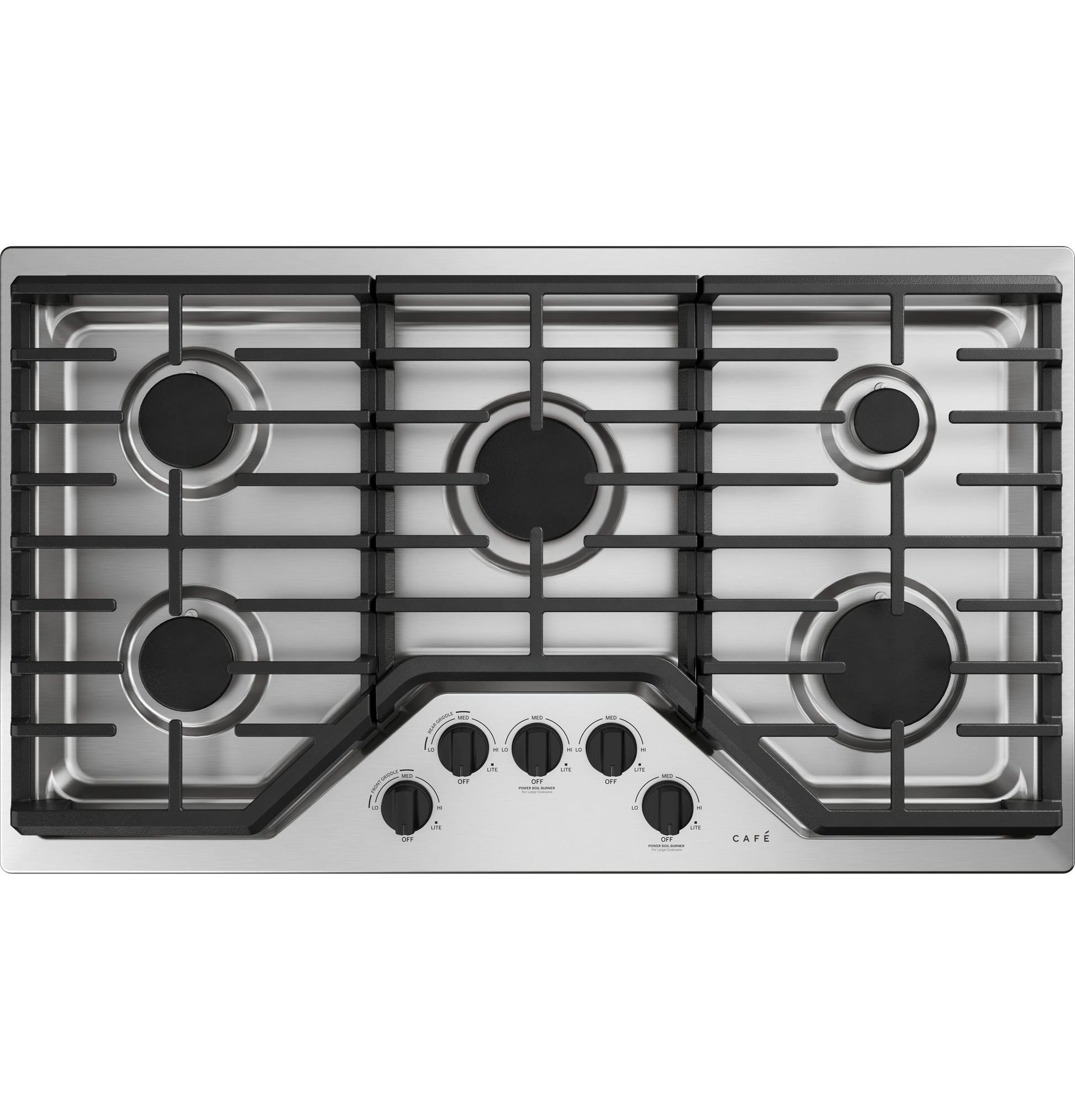 Stainless steel 36-inch gas cooktop with five burners and black control knobs for kitchen and home improvement tools