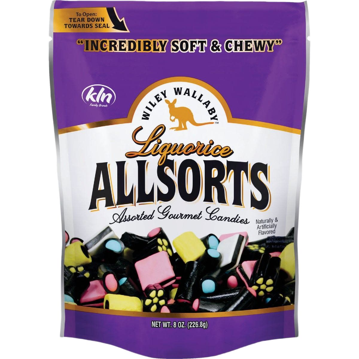 Colorful assortment of soft chewy gourmet liquorice candies in resealable bag from Chocolates & Candies collection