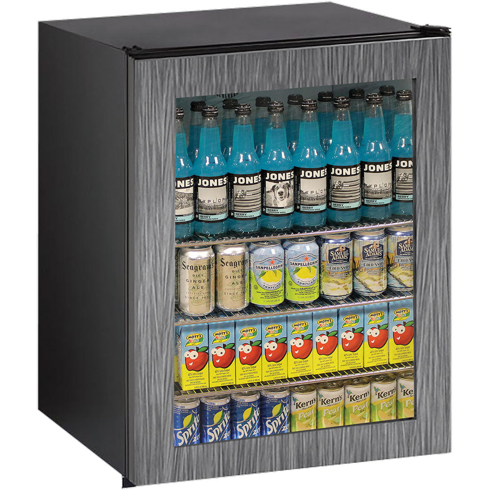 Compact refrigerator with reversible glass door, stocked with beverages, suitable for kitchens and appliances collections