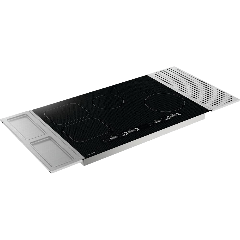 Black glass induction cooktop with four heating zones and stainless steel ventilation panels in kitchen appliances collection