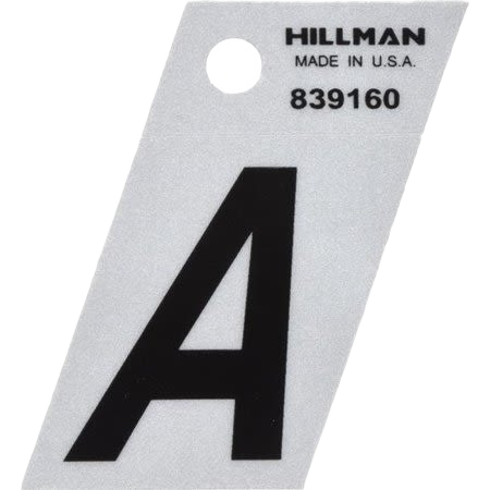 Black reflective Mylar sticker letter A with angled cut and hole for hanging, designed for tools and home use