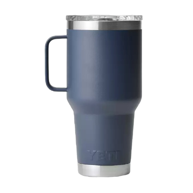 Blue 30 oz. YETI Rambler travel mug with handle and clear Stronghold lid, durable drinkware for kitchen and tableware collections