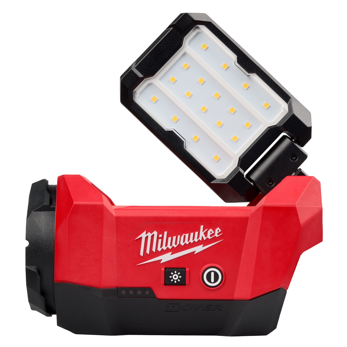 Compact red and black multi-directional LED flood light with adjustable head, part of Milwaukee utility lights and work lights collections at Hartville Hardware.