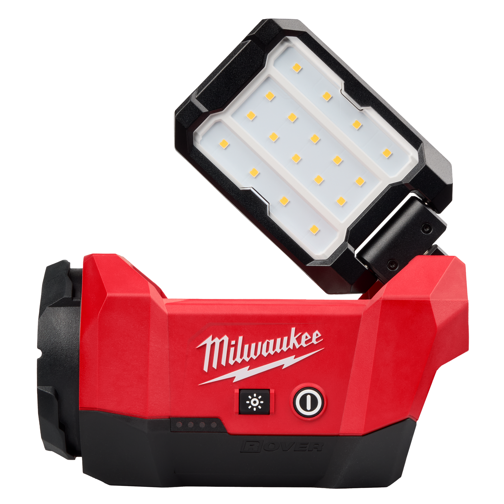 Compact red and black multi-directional LED flood light with adjustable head, part of Milwaukee utility lights and work lights collections at Hartville Hardware.