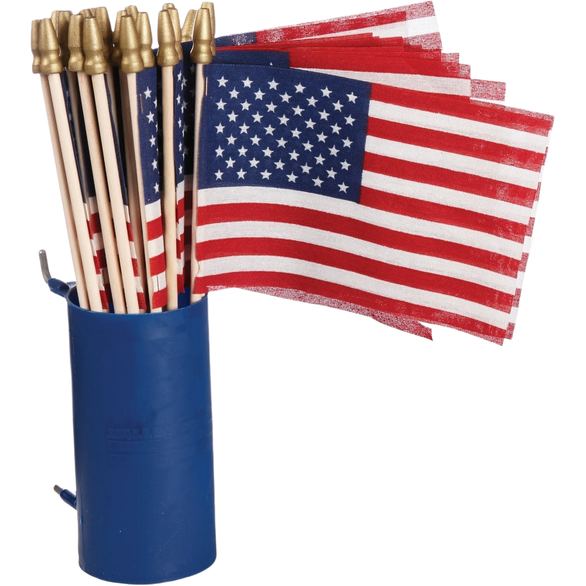 Small polycotton American flags on wooden sticks with gold spears displayed in blue holder for outdoor decor collections