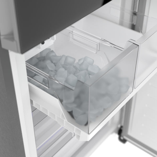 Close-up of a clear plastic ice storage bin filled with ice cubes inside a black bottom freezer refrigerator from Bosch appliances collection