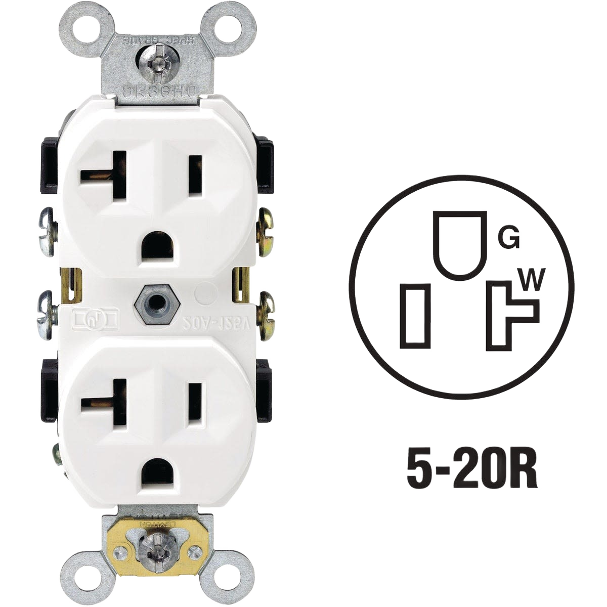 White commercial grade 20 amp shallow duplex outlet for home improvement and electrical tools use
