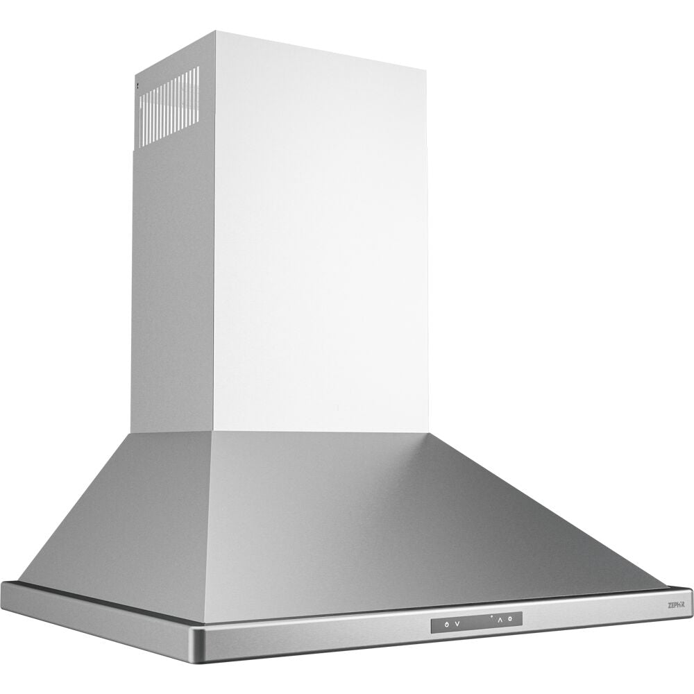 Stainless steel wall-mounted chimney hood with LED display, part of kitchen appliances and range hood collections