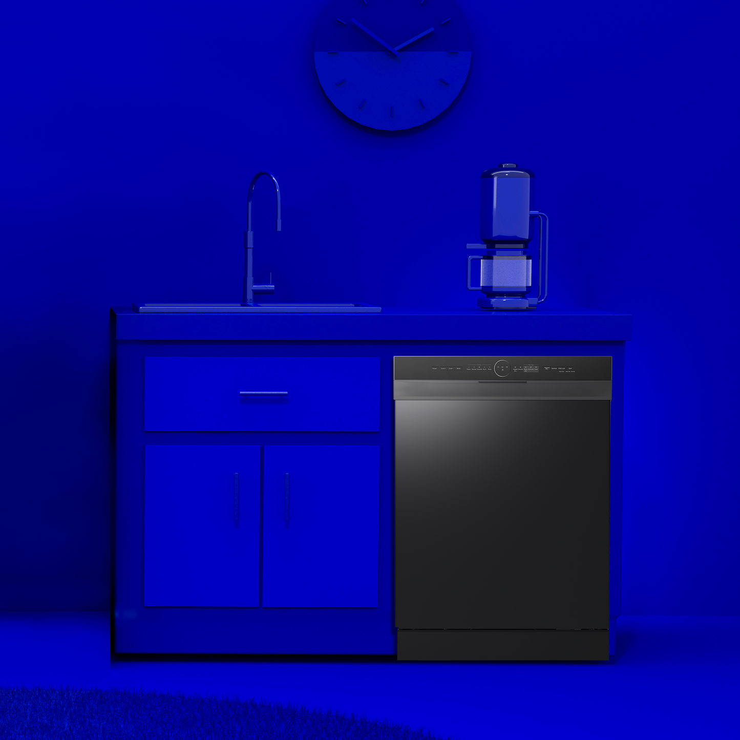 Built-in black front control hybrid dishwasher installed under kitchen counter with digital display and nearby faucet