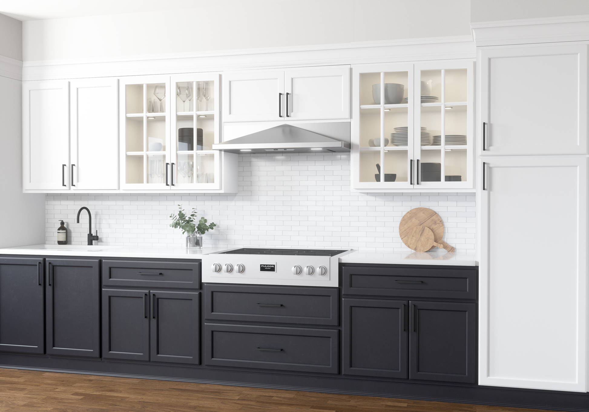 Modern stainless steel pyramid range hood with LED lighting installed above stove in kitchen home improvement setting