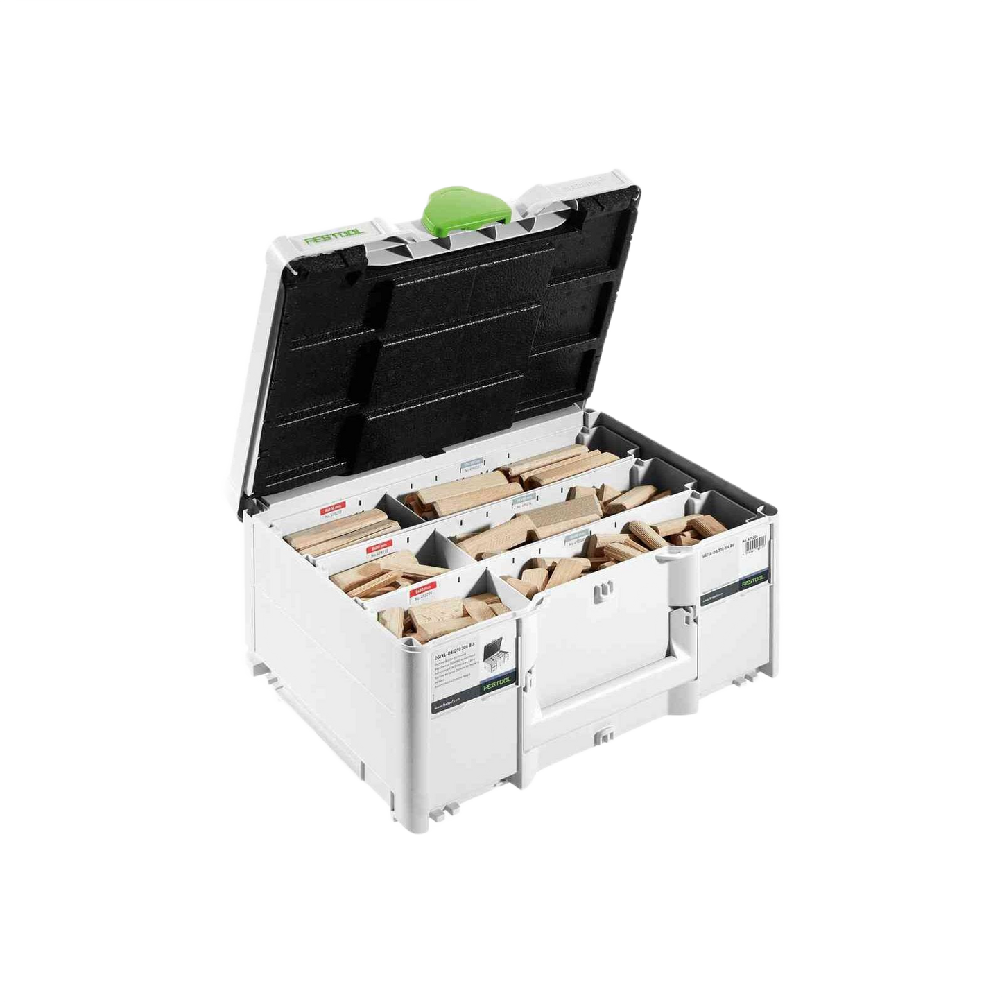 Organized white tool storage case with wooden domino joints for woodworking and home improvement projects