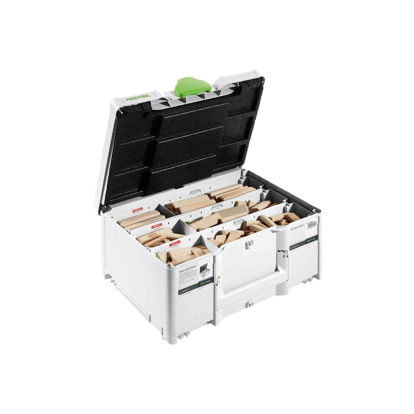 Organized white tool storage case with wooden domino joints for woodworking and home improvement projects