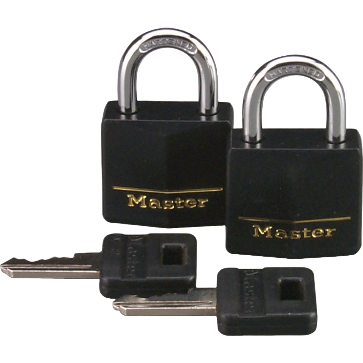 Two black covered padlocks with matching keys designed for home improvement security tasks
