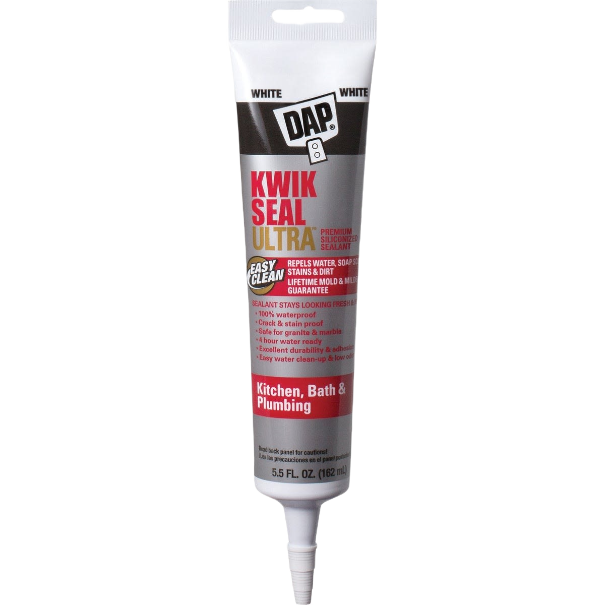 White silicone sealant tube designed for kitchen, bath, and plumbing use in home improvement projects