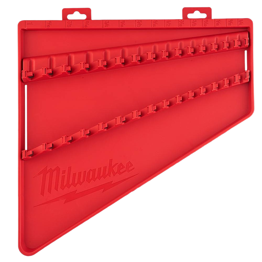 Red plastic storage tray with organized slots and Milwaukee branding for 15-piece flex head wrench set tools and home improvement