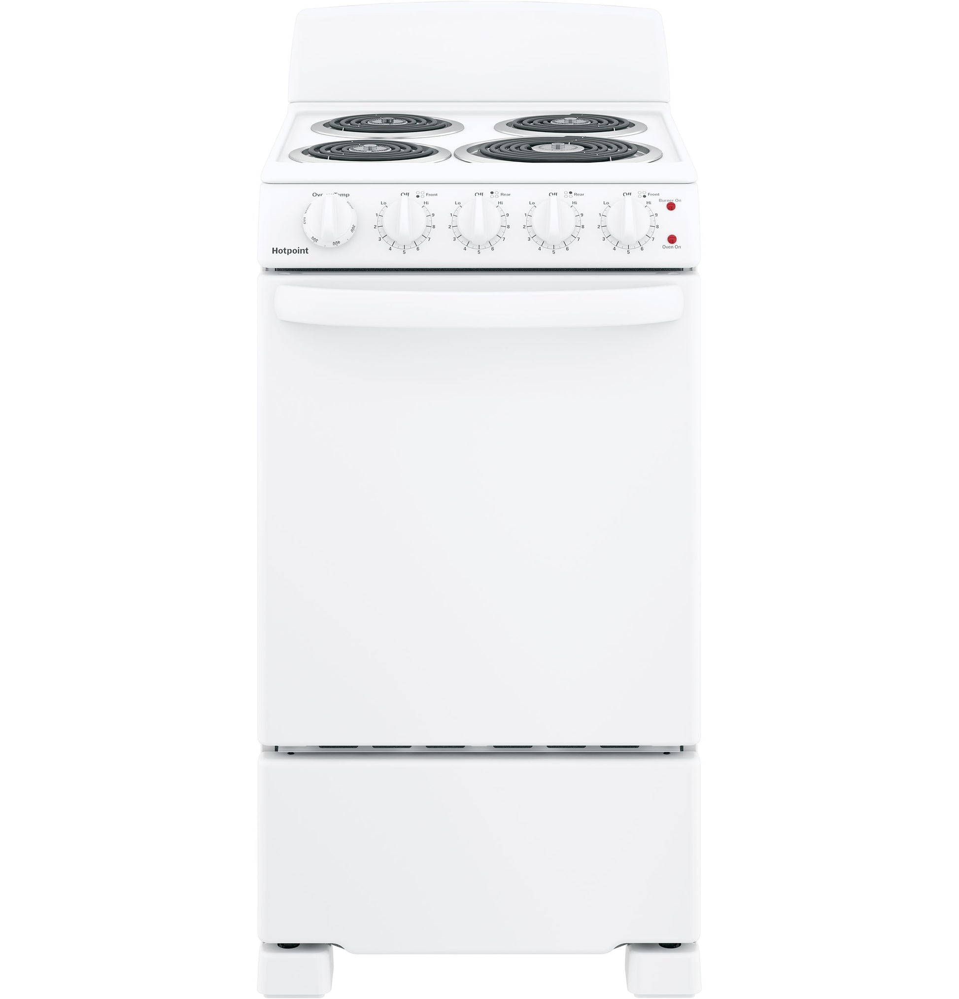 White electric free-standing range with four coil burners and front control knobs in kitchen appliances collection