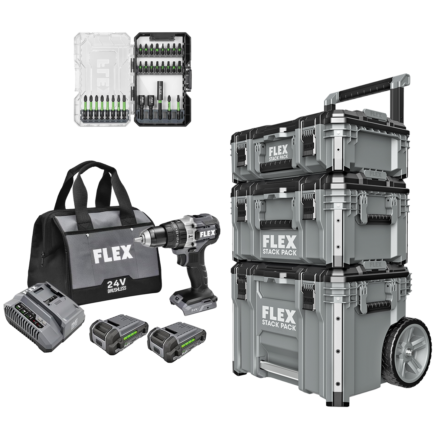 FLEX 1/2" 2-SPEED Hammer Drill Kit + 29-Pc. Impact Driver Bit Set & Stack Pack™ 3-Pc. Storage System