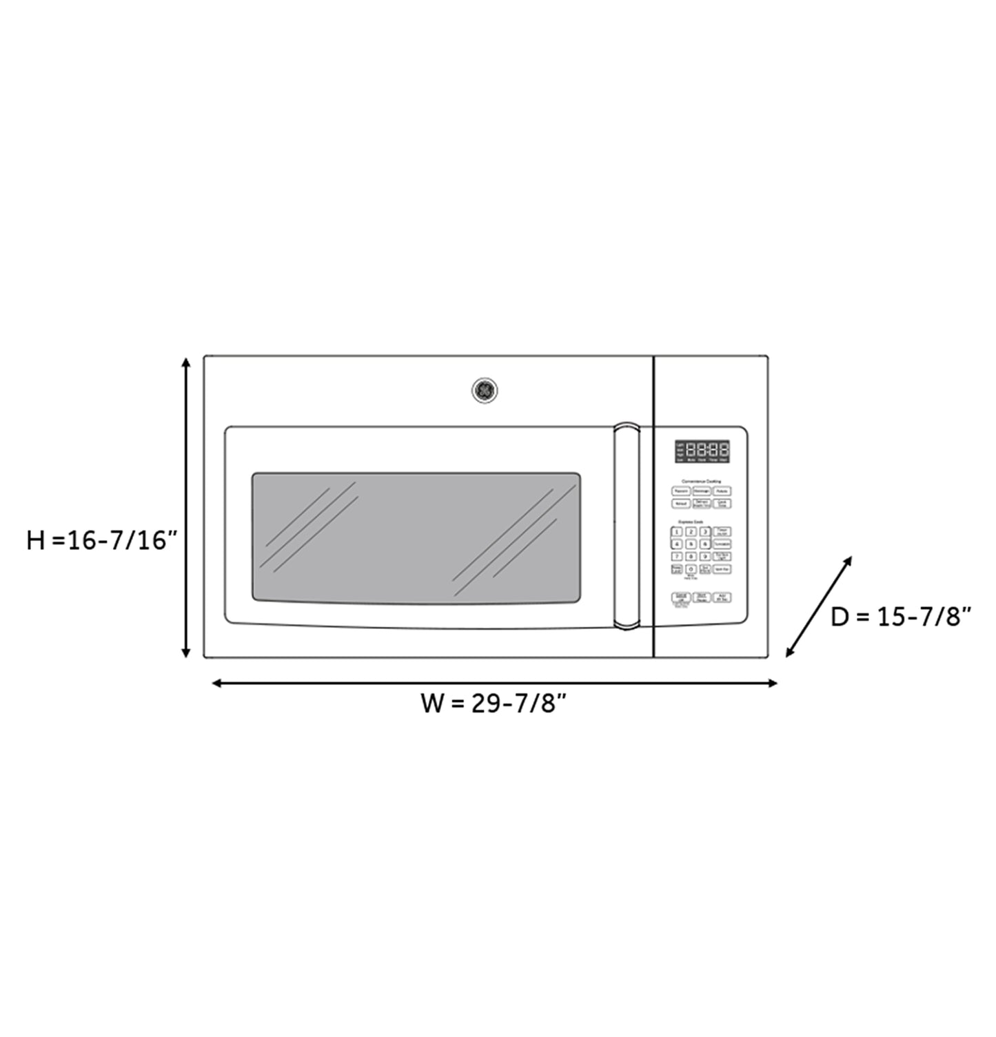 Line drawing of GE 1.6 Cu. Ft. over-the-range microwave with installation dimensions for kitchen and home improvement planning