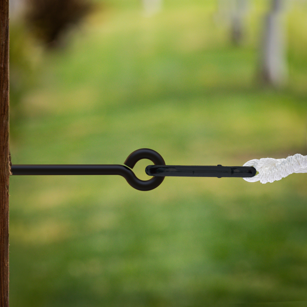 Close-up of black lag screw eye securing a white rope with metal clip for hardware and home improvement use under $50