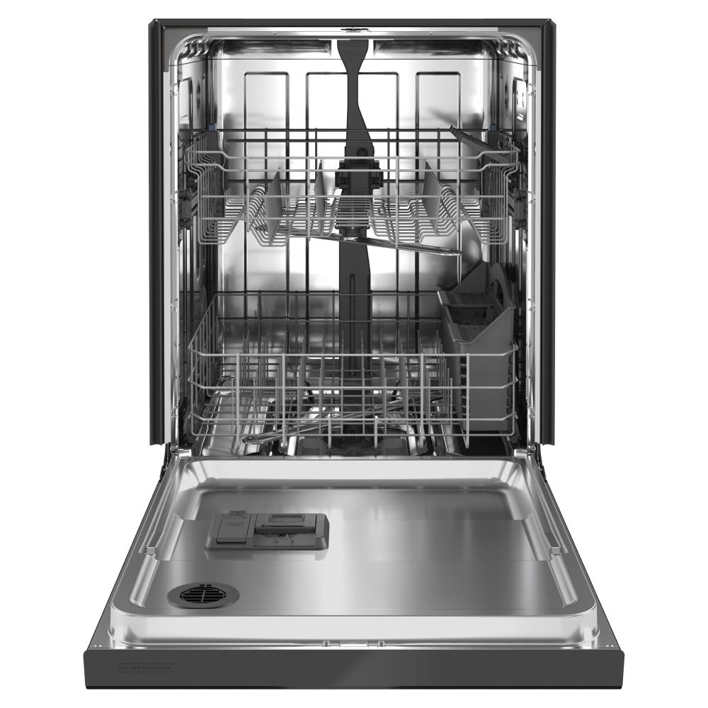 Open stainless steel dishwasher showing empty upper and lower racks with dual filtration in kitchen appliances setting