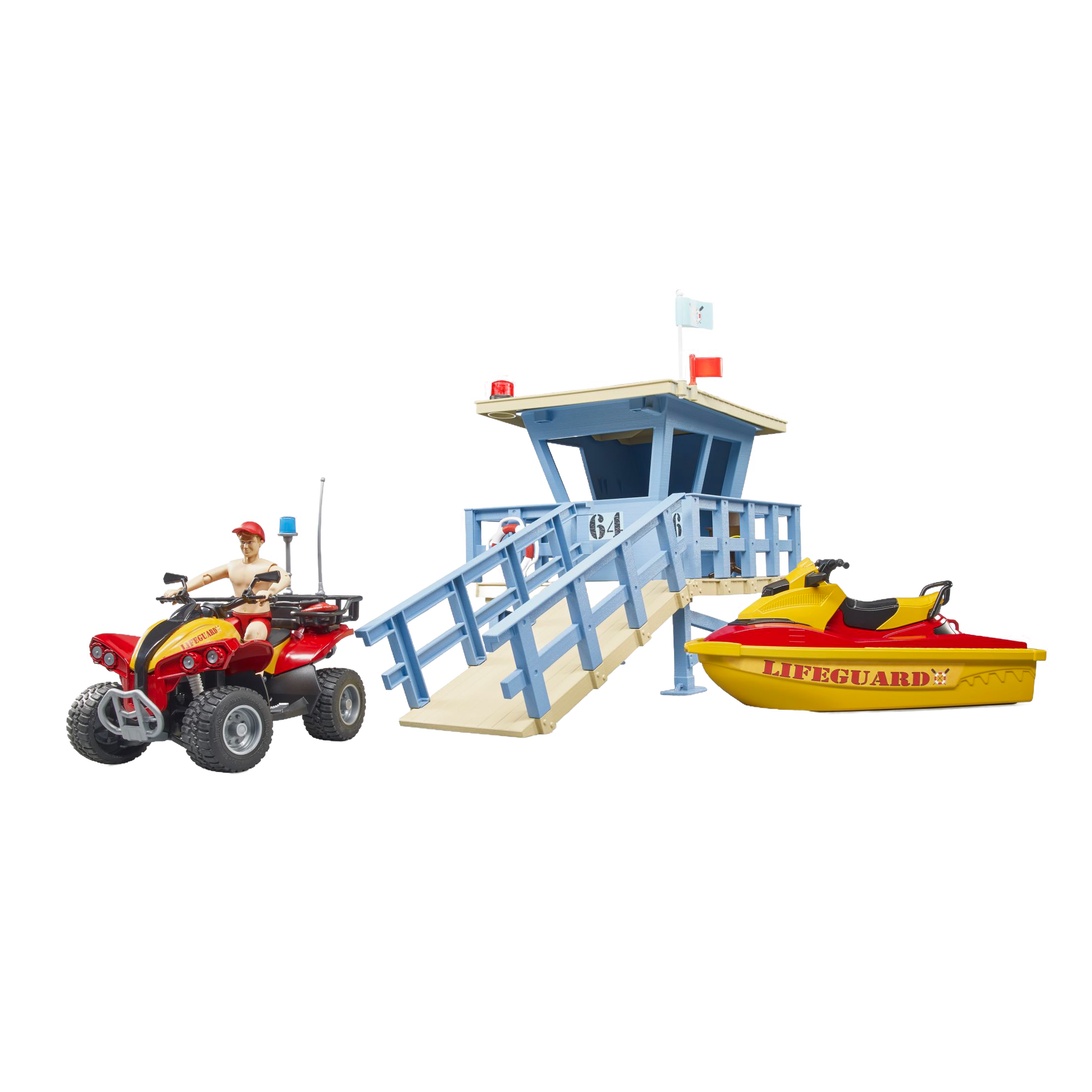 Blue lifeguard tower with rotating beacon, red quad bike with figure, and yellow lifeguard watercraft toy set from Bruder Toys collection