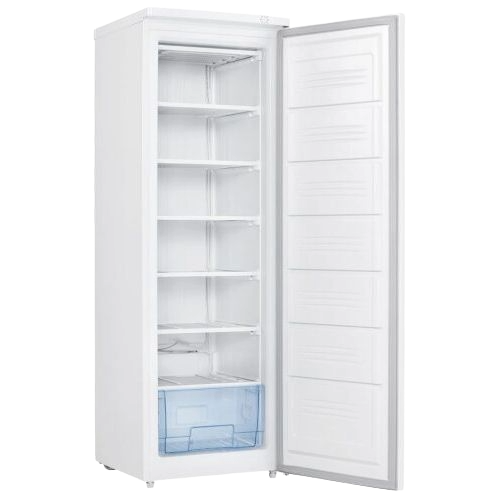 White upright freezer with multiple shelves and clear front drawer, designed for extra kitchen storage and manual defrost controls