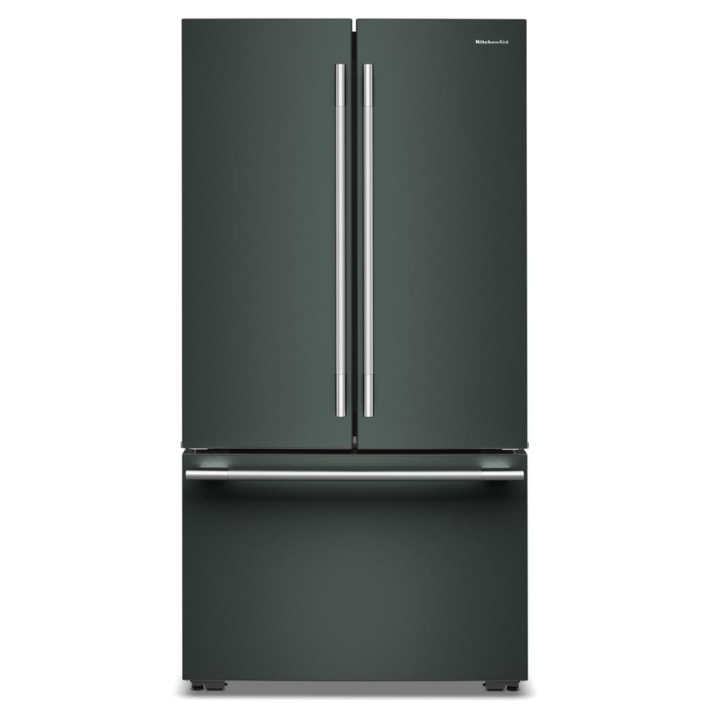 Dark green counter-depth French door refrigerator with stainless steel handles and bottom freezer from KitchenAid collection