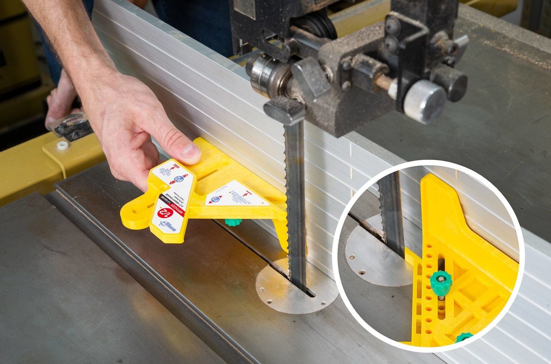 Yellow plastic tool accessory fitting gauge for saw adjustments in power tool and home improvement collections under $50