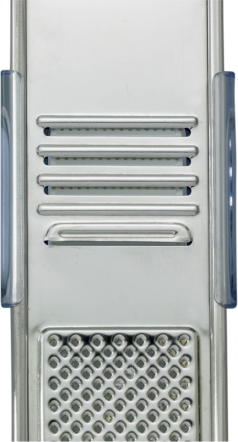 Stainless steel garlic slicer and grater with blue plastic handles, perfect for kitchen utensils under $50 collection.