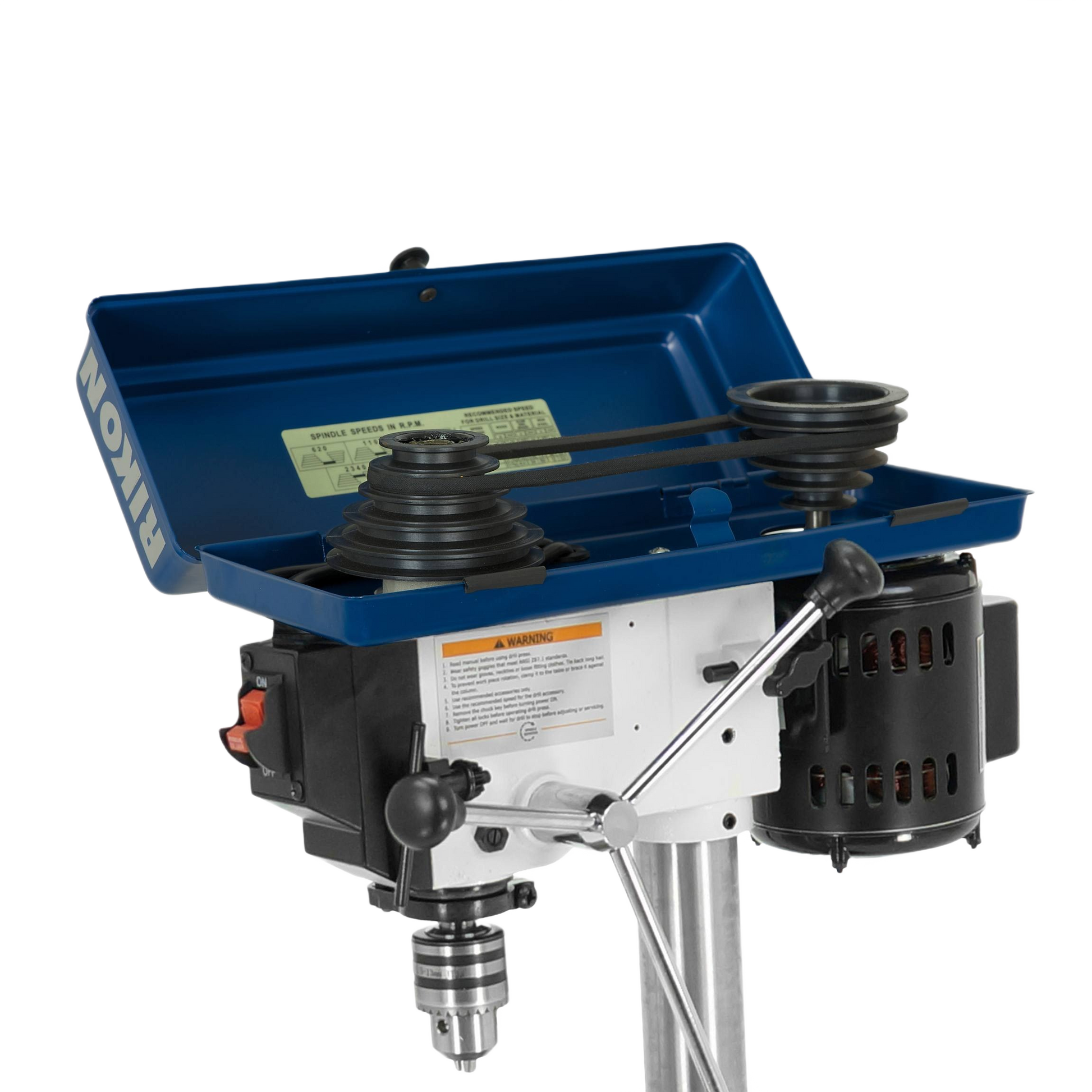 Close-up view of blue metal benchtop drill press head with belt-driven spindle and control handles for home improvement tools
