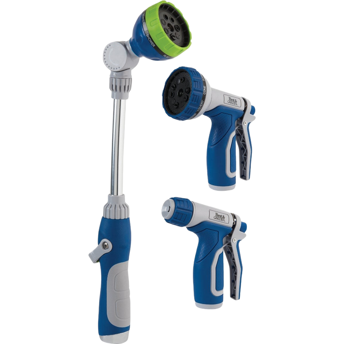 Three-piece blue and gray garden hose nozzle set with adjustable spray heads for home improvement and outdoor watering tasks