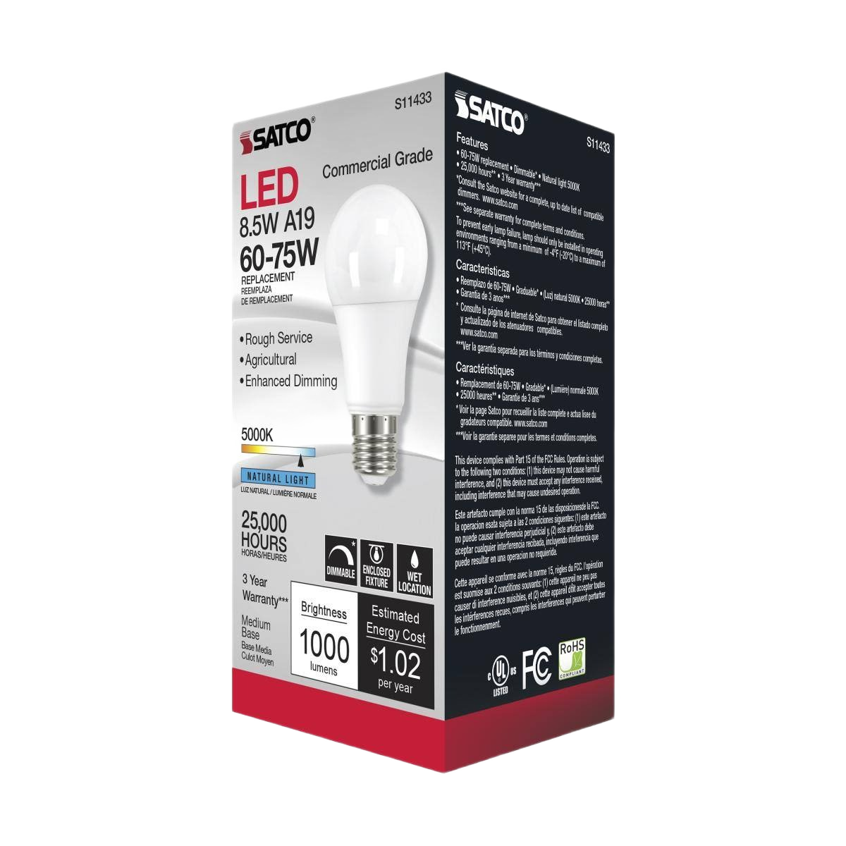 Satco 8.5W A19 LED bulb with natural 5000K light, dimmable, medium base for agricultural and rough service use