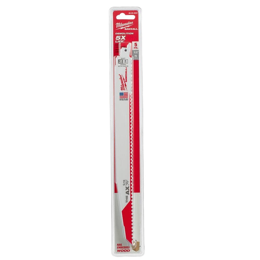 Set of five 12-inch reciprocating saw blades with 5-TPI for demolition and home improvement cutting tasks
