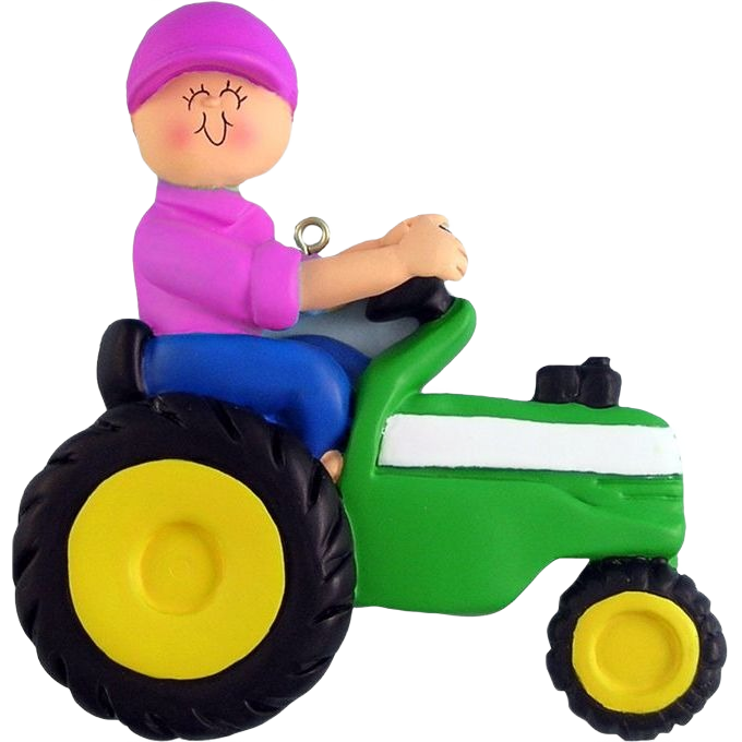 Cheerful woman in purple outfit riding a bright green tractor holiday ornament for Christmas tree décor under $50